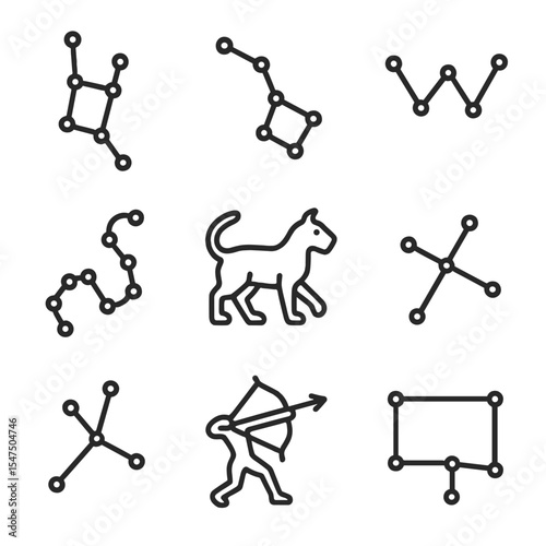 Constellation Icons Grid. Outline icon set of constellations: Orion belt, Big Dipper, Cassiopeia W, Scorpius curve, Leo lion, Ursa