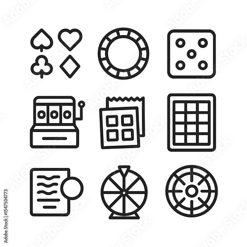 Gaming Probability Icons. Outline icon set of probability in gaming: playing card suit, poker chip, dice face, slot machine,