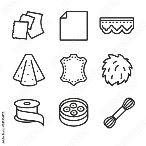 Costume Material Icons. Outline icon set of costume materials: fabric scraps, felt sheet, lace trim, tulle layer, leather patch,