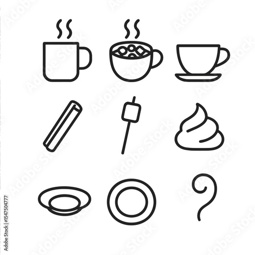 Cozy Beverage Icons. Outline icon set of cozy cold-weather beverages: steaming mug, hot chocolate cup, tea cup, cinnamon stick,