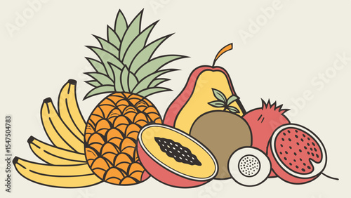 Fresh tropical and exotic fruits still life arrangement healthy food and healthy lifestyle concept