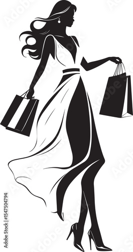 Fashionable woman silhouette with shopping bags. Elegant female figure in high heels and flowing dress holding shopping bags, symbolizing luxury, style