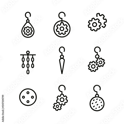 Gear Earring Icons. Outline icon set of brass and copper earrings: teardrop gear earring, cog hoop, gear stud, chain fringe, spike
