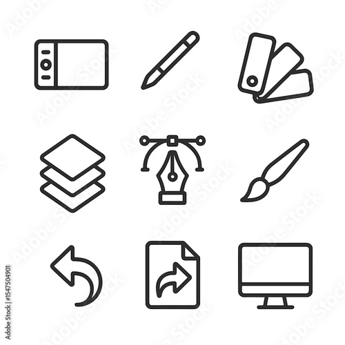 Digital Art Tools Icons. Outline icon set of digital art creation: graphics tablet, stylus pen, color palette, layers icon, vector
