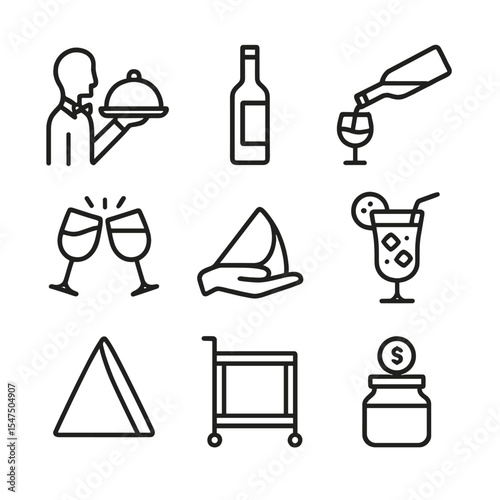 Drink Service Icons. Outline icon set of drink service moments: waiter tray, wine bottle, pouring wine, toast clinking, coaster
