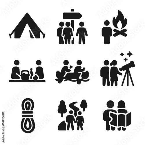 Adventure Icons Grid. Solid, filled icons set of outdoor adventure couples: tent icon, trail marker, campfire,