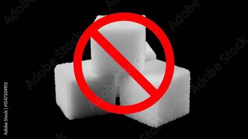 No sugar. A red prohibition sign over sugar cubes. Diabetes. Sugar-free diet
