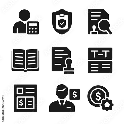 Accounting Icon Set. Solid, filled icons set of accounting professions: bookkeeper, CPA badge, audit icon,