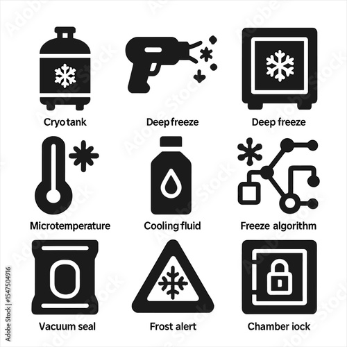 Advanced Freezing Icons. Solid, filled icons set of advanced freezing technologies: cryo-tank, frost beam,