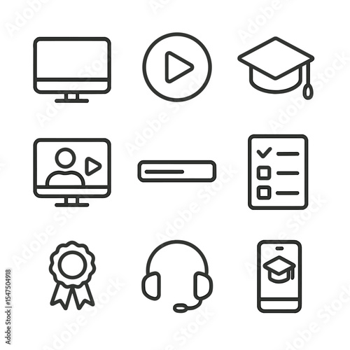 E-learning Icons Grid. Outline icon set of e-learning and online courses: computer monitor, play button, graduation cap, video