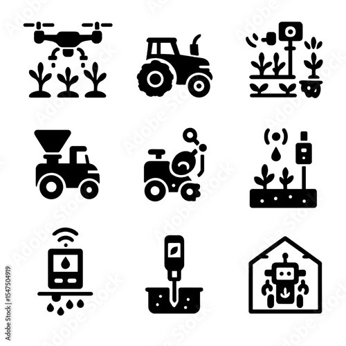 Agricultural Robotics Icons. Solid, filled icons set of agricultural robotics: drone sprayer, autonomous