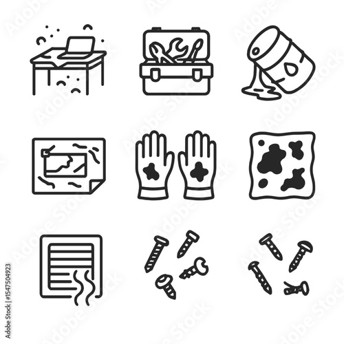Dirty Workplace Icons. Outline icon set of dirty workplace environments: dusty desk, cluttered toolbox, spilled oil drum, grimy