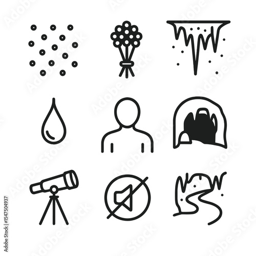 Glowworm Cave Icons. Outline icon set of glowworm caves: glowing dots, bioluminescent cluster, ceiling web, drip drop, visitor