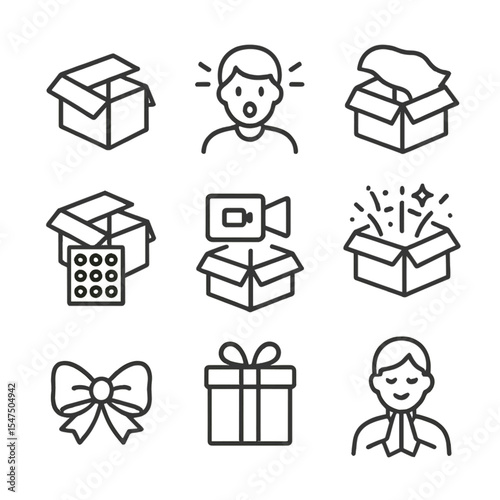 Gift Unboxing Icons. Outline icon set of gift unboxing moments: box opening flap, surprise expression, tissue reveal, bubble wrap