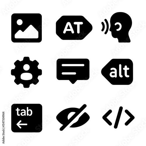 Alt Text Icons Grid. Solid, filled icons set of alt text integration: image icon, text tag, screen reader,