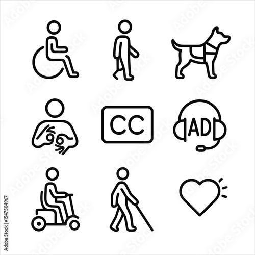 Disability Icon Set. Outline icon set of film portrayals of disability: wheelchair user, prosthetic limb, service dog, character