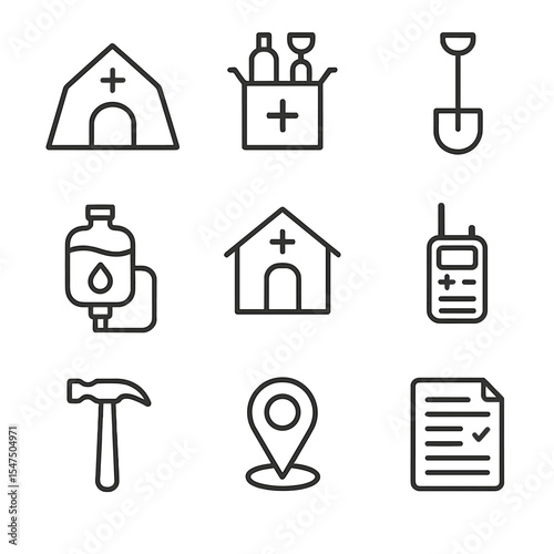 Disaster Relief Icons. Outline icon set of disaster relief efforts: emergency shelter tent, supply distribution box, debris shovel