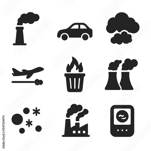 Air Pollution Icons. Solid, filled icons set of air pollution sources: smokestack, car exhaust, smog cloud,