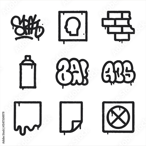 Graffiti Icon Set. Outline icon set of eroded graffiti tags: street artist tag, stencil art, mural fragment, spray can outline,