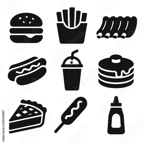 American Cuisine Icons. Solid, filled icons set of American cuisine: burger icon, fries box, BBQ ribs, hotdog