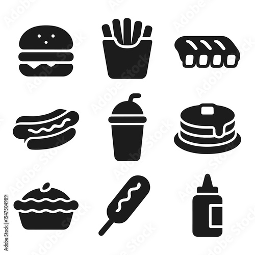 American Cuisine Icons. Solid, filled icons set of American cuisine: burger icon, fries box, BBQ ribs, hotdog