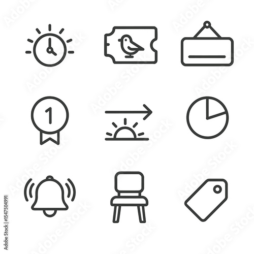 Early Bird Icon Set. Outline icon set of early bird specials: sunrise clock, early ticket, reserved sign, first-come badge, dawn