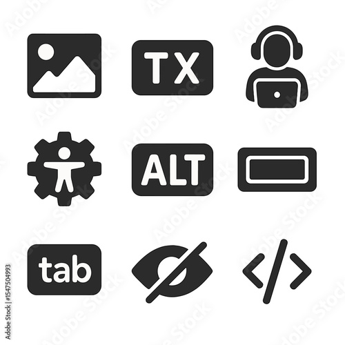 Alt Text Icons Grid. Solid, filled icons set of alt text integration: image icon, text tag, screen reader,