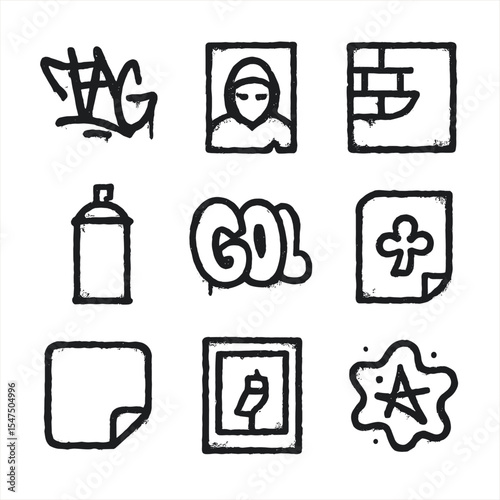 Graffiti and Corporate Icons. Outline icon set of eroded graffiti tags: street artist tag, stencil art, mural fragment, spray can
