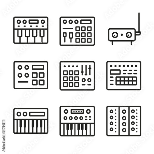 Electronic Instruments Icons. Outline icon set of electronic instruments: synthesizer, drum machine, theremin, sampler, MIDI
