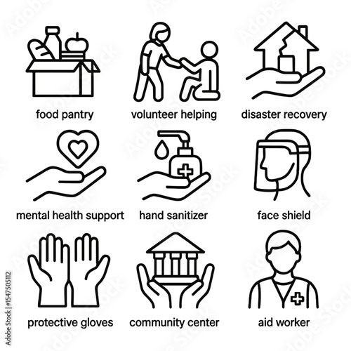 Helping Hands Icons Set. Outline icon set of helping hands in crisis: food pantry, volunteer helping, disaster recovery, mental