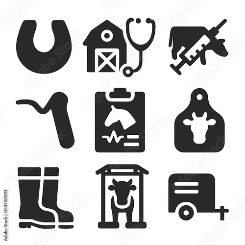 Animal Vet Care Icons. Solid, filled icons set of large animal veterinary care: horse hoof, barn stethoscope,