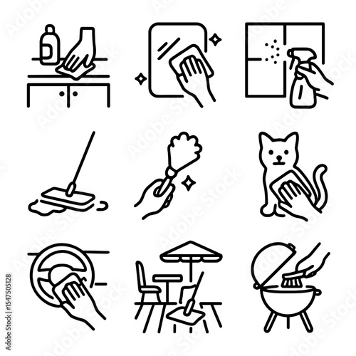 Home Cleaning Icons. Outline icon set of home cleaning scenes: counter wipe, mirror wipe, window spray, floor mop, dusting brush,