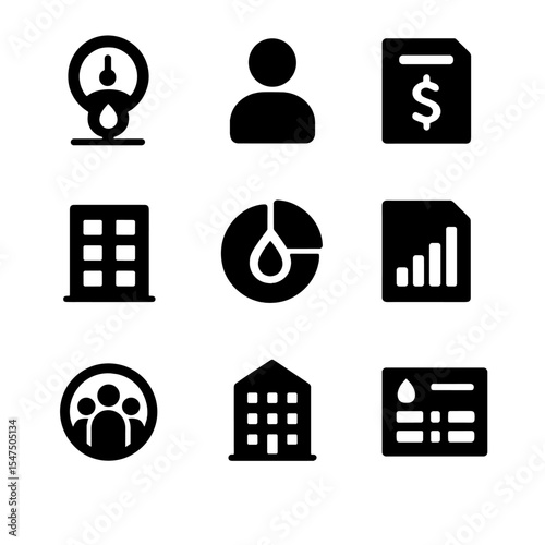 Apartment Billing Icons. Solid, filled icons set of apartment and multi-unit billing: shared meter, tenant