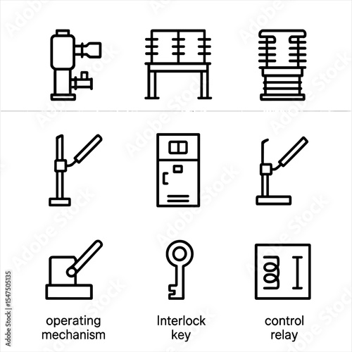 High-Voltage Switchgear Icons. Outline icon set of high-voltage switchgear: gas‐insulated switchgear (GIS), air‐insulated