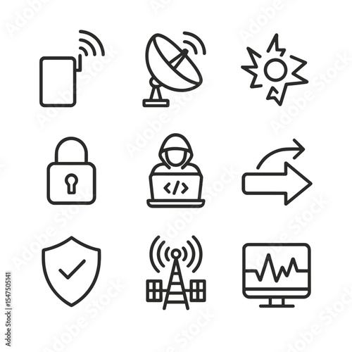 Electronic Warfare Icons. Outline icon set of electronic warfare strategy: signal jammer, radar dish, EMP pulse, encryption lock,