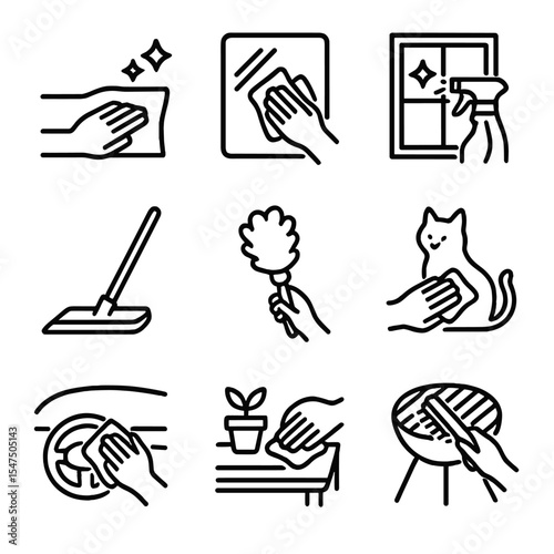 Home Cleaning Icons. Outline icon set of home cleaning scenes: counter wipe, mirror wipe, window spray, floor mop, dusting brush,