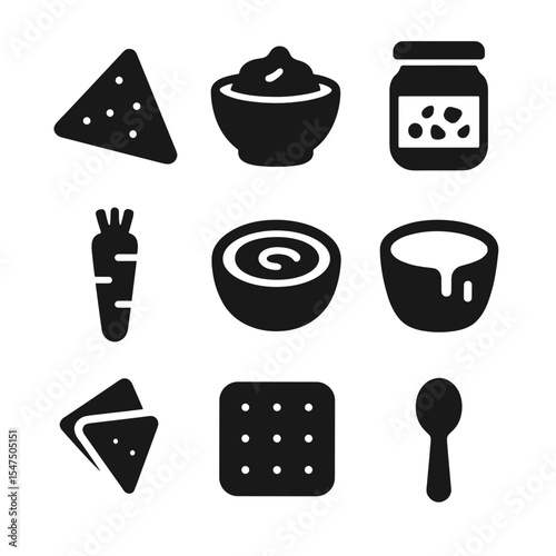 Appetizer and Dip Icons. Solid, filled icons set of appetizer and dip pairings: tortilla chip, guacamole bowl,