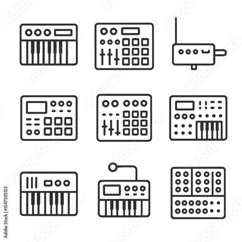 Electronic Instruments Icons. Outline icon set of electronic instruments: synthesizer, drum machine, theremin, sampler, MIDI