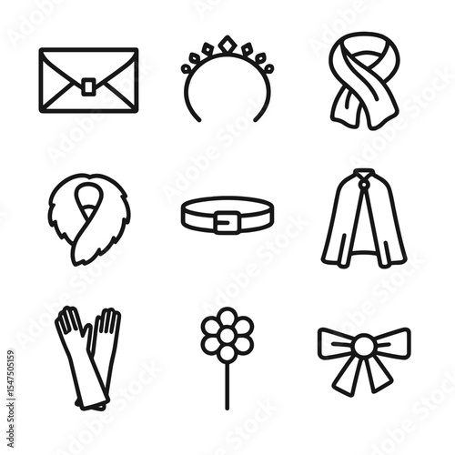 Elegant Accessory Icons. Outline icon set of accessory pairings: statement clutch, crystal headband, silk shawl, fur stole, waist