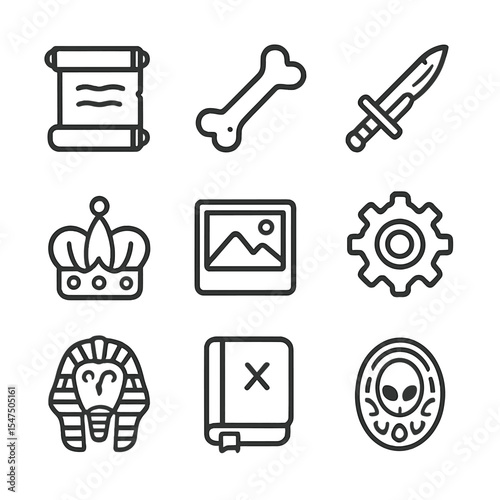 Historical Artifacts Icons. Outline icon set of historical artifacts: ancient scroll, fossilized bone, rusted sword, royal crown,