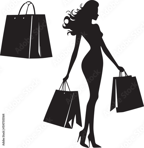 Silhouette of stylish woman with shopping bags. Elegant female figure in high heels carrying multiple shopping bags, representing fashion, retail, and consumer lifestyle