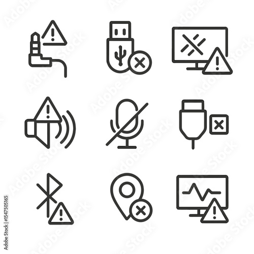 Electronic Warning Icons. Outline icon set of consumer electronics warning icons: headphone jack loose, USB error, screen glare,