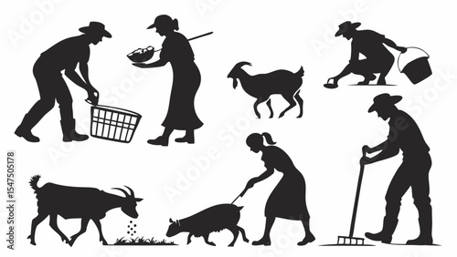 Silhouettes of farmers, people, and goats working on a farm, agriculture, rural life, livestock, daily activities.