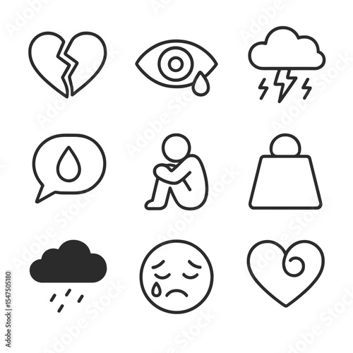 Emotional Pain Icons. Outline icon set of emotional pain expressions: broken heart, crying eye, storm cloud, teardrop speech
