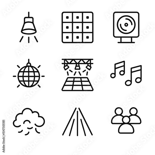 Illuminated Dance Floor Icons. Outline icon set of illuminated dance floor: spotlight, LED lights, strobe, disco ball, stage,
