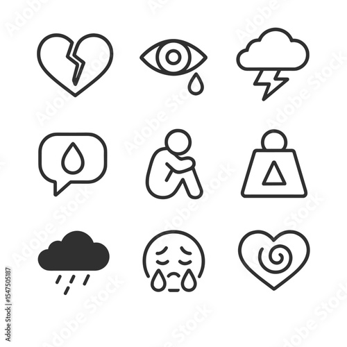 Emotional Pain Icons. Outline icon set of emotional pain expressions: broken heart, crying eye, storm cloud, teardrop speech