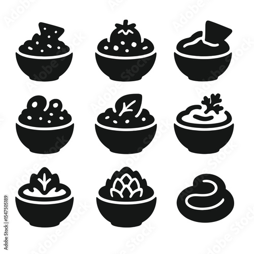 Appetizer Dips Icon Set. Solid, filled icons set of dips and spreads for appetizers: guacamole, salsa, cheese
