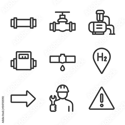 Hydrogen Pipeline Icon Set. Outline icon set of hydrogen pipeline network: pipeline segment, valve station, compressor pump, meter