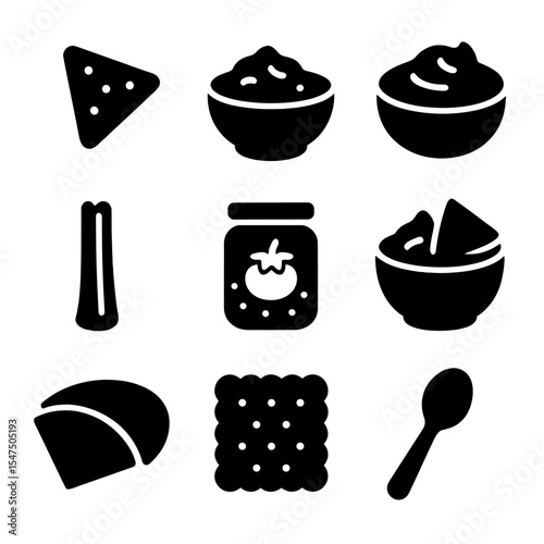 Appetizer and Dip Icons. Solid, filled icons set of appetizer and dip pairings: tortilla chip, guacamole bowl,