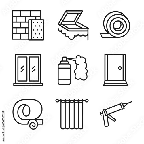 Insulation Icons Grid. Outline icon set of insulation and sealing: wall insulation, attic hatch, weatherstripping tape,